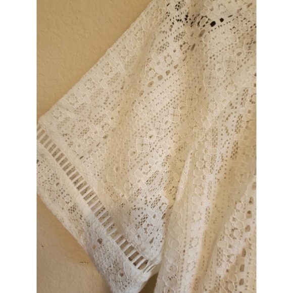 Mystree Womens Short Sleeve Cotton Blend Lace Flowing Overlay Blouse Small White - Picture 2 of 2